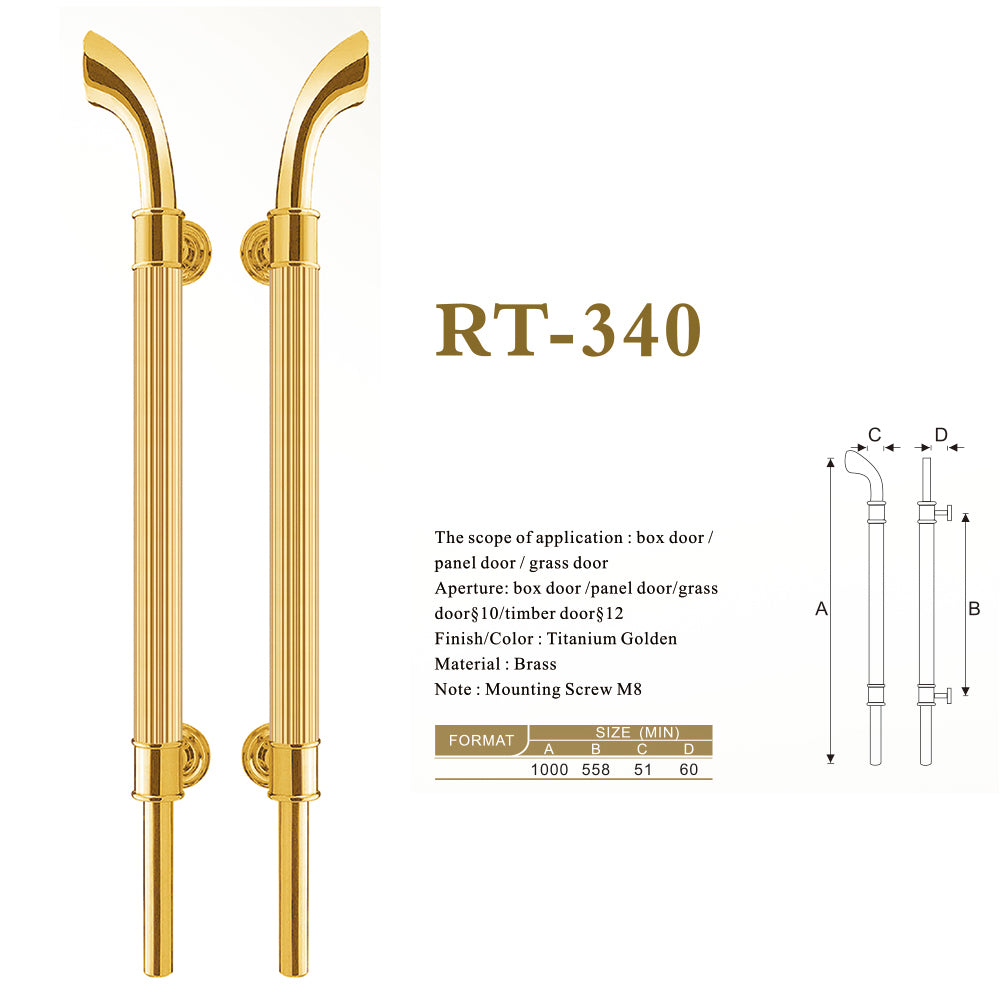 Raytel Titanium Golden Finish Brass Fluted Grip Door Pull Handle available in all finishes RT340