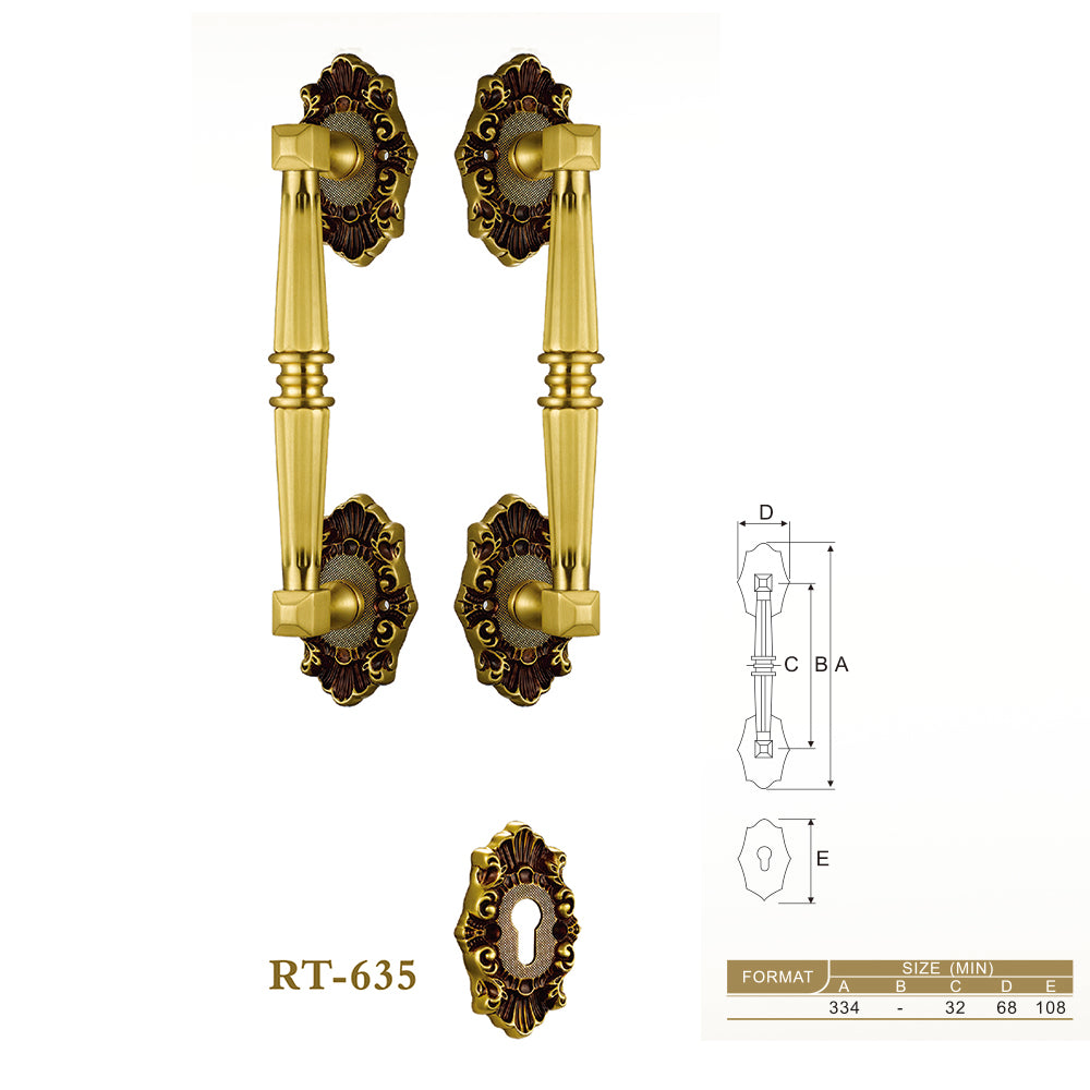 Raytel Exquisite Sculptured Solid Brass Door Pull Handle with Lock Set RT635
