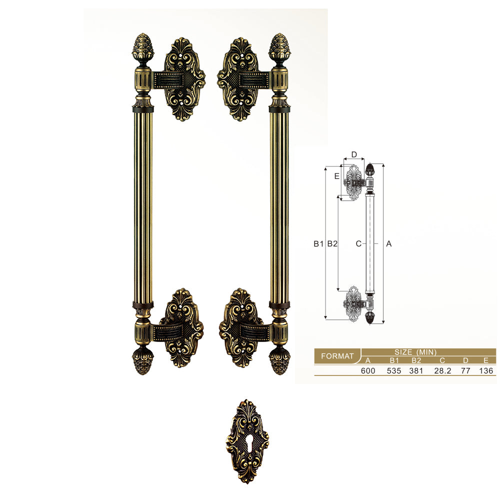 Raytel Exquisite Sculptured Solid Brass Door Pull Handle with Lock Set RT636
