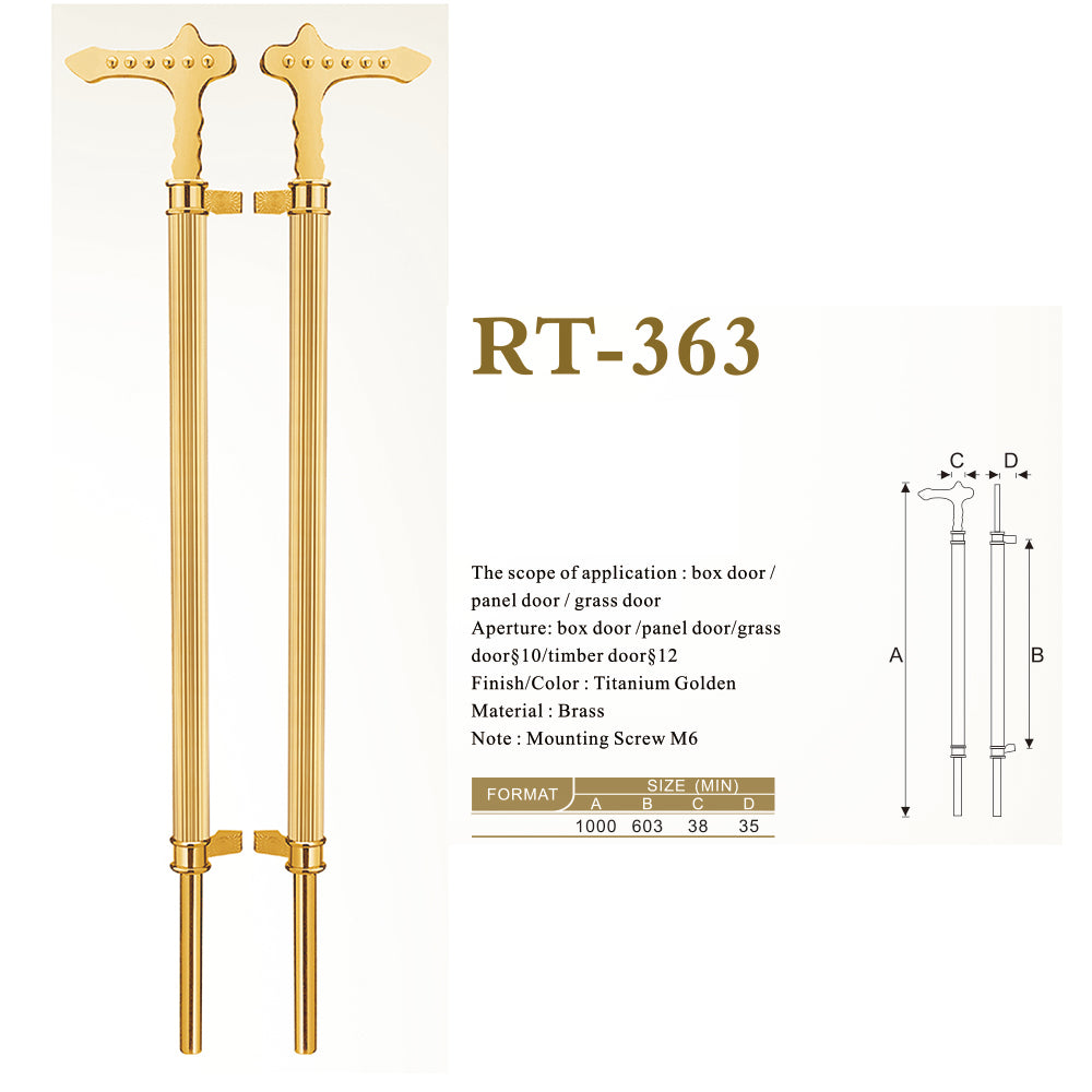 Raytel Titanium Golden Finish Brass Fluted Grip Door Pull Handle available in all finishes RT363